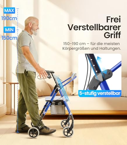 VOCIC Z11 Rollator faltbar und leicht mit Sitz, Max 172kg, Rollator schmal für wohnung, Rollatoren leicht klappbar für Senioren, Ergonomischer Sitz, höhenverstellbar, Meeresblau, 5 Jahre Support