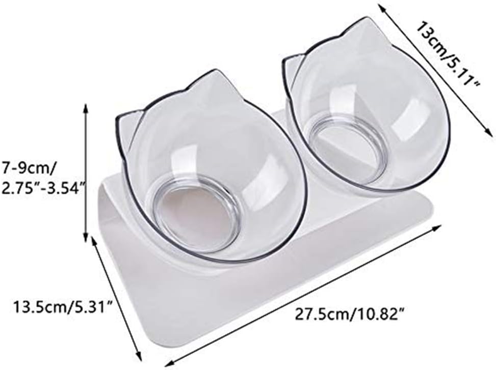 Cat Raised Stand Double Transparent Plastic Bowl,Pet Feeding Bowl | Pet Food Water Feeder Bowl for Cats and Dogs ，Cute Cat Face Double Bowl 15 Degree Tilted Design Neck Guard (Double Bowl)