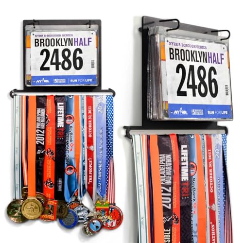 Gone For a Run BibFOLIO Plus Race Bib and Medal Display - Wall-Mounted Race Bib Hanger & Marathon Medal Holder for Runners with Protective Sleeves (Holds 24 Medals & 100 Bibs) - Runner Gift