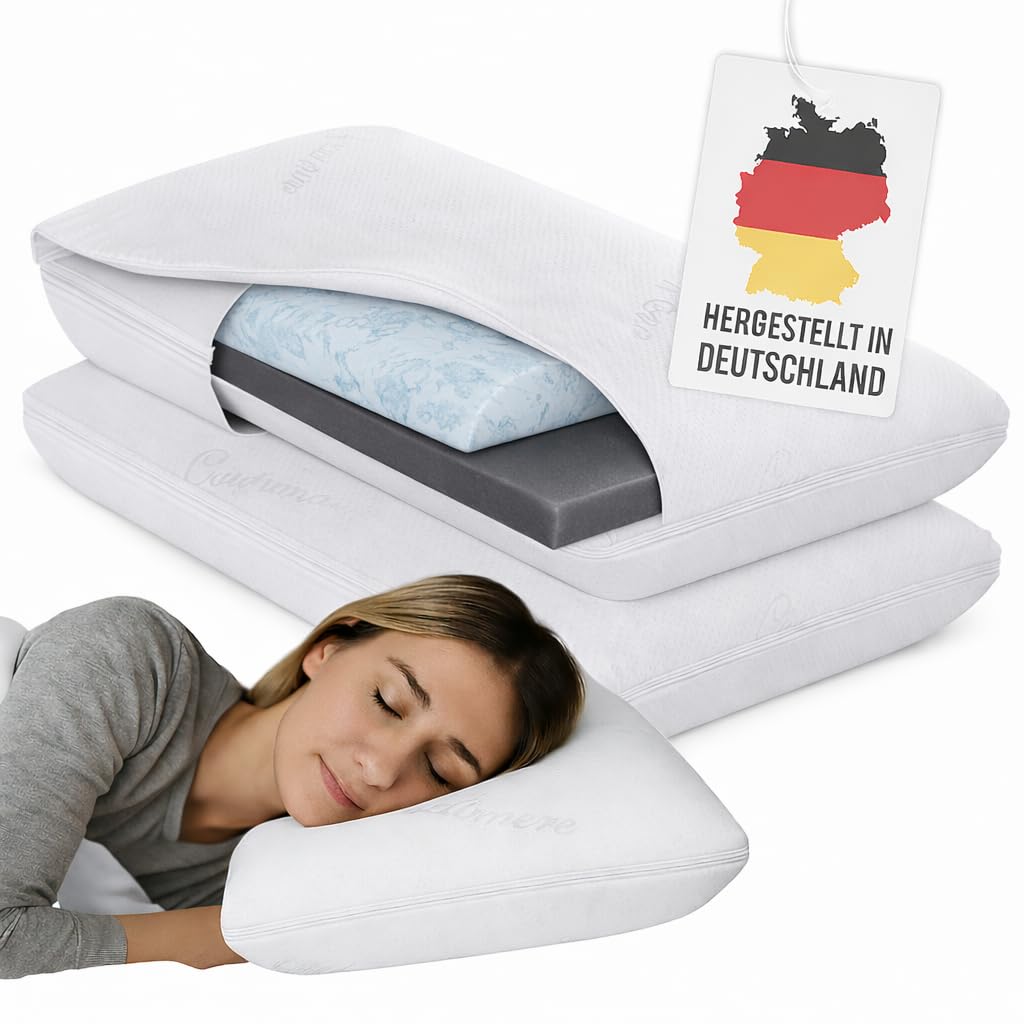 Nackenstützkissen 60x30 cm 2er Set – ergonomisches HWS-Kissen aus Gelschaum & Memory Foam mit anpassbarer Höhe & Härte – ideal für Seitenschläfer – inkl. Cashmere-Bezug