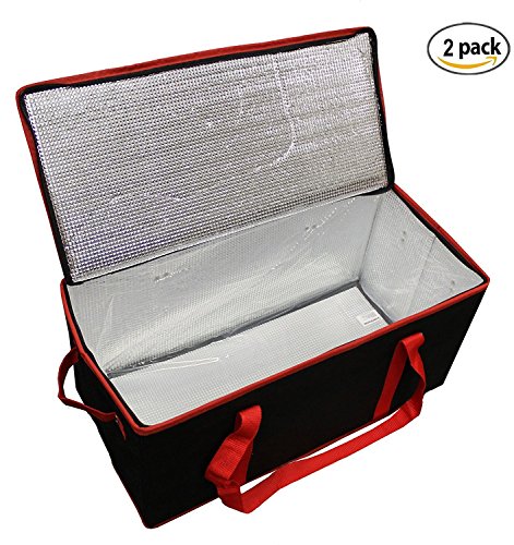 Earthwise Insulated Food Delivery Grocery Bag Carrier (Set of 2) Collapsible Extra Large Waterproof Reusable Shopping Tote Zipper Top Lid For Hot or Cold Food Reinforced Bottom Panel