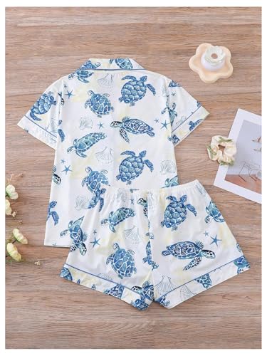 WDIRARA Women's 2 Piece Sea Turtle Graphic Pajama Set Button Down Short Sleeve Shorts Loungewear Pjs Sets2