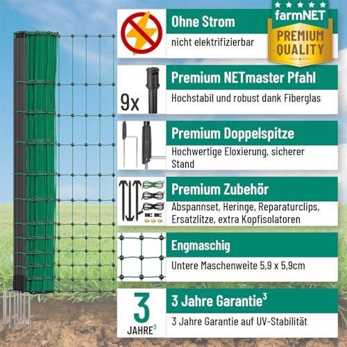 VOSS.farming farmNET Hühnerzaun 25m, Geflügelnetz, 112cm, Hühnernetz, Hundenetz, Katzennetz, 9 Pfähle, 2 Spitzen, grün, ohne Strom
