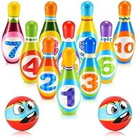 Bowling Set Kids, Educational Bowling Set with 10 Bowling Pins and 2 Balls, Skittles Game for Kids Early Development Indoor, Outdoor Games Set, Montessori Toy for 3-6 Year Old, Children's Gifts