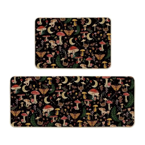 Artoid Mode Black Mushrooms Butterfly Spring Kitchen Mats Set of 2, Home Decor Low-Profile Kitchen Rugs for Floor - 24x35 and 24x59 Inch