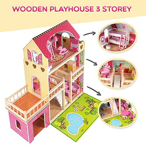Green series Kinderplay Puppenhaus Holz Groß | Puppenvilla - Traumvilla | Kinder Dollhouse | Led - Licht und Zubehör | Set 90 cm Hoch mit Terrasse, Garage | Puppenhaus ab 2 Jahre | GS0020 – Bild 5