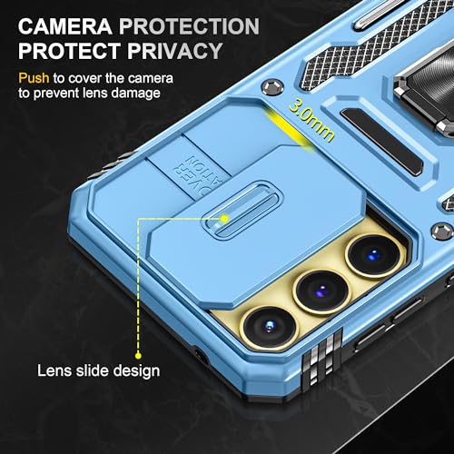 Image of Polycarbonate Slide Camera Cover with Ring Holder Mobile Phone Back Cover for Samsung Galaxy A55 5G (Blue)