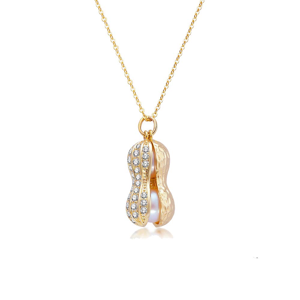Personality Pearl Rhinestone Peanut Pendant Necklace For Women Girls Valentine's Day Gifts (Gold)