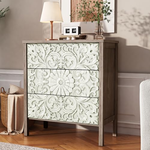 PHOYAL 3-Drawer Dresser Chest, Modern Wooden Flower Motif Dressers with Wide Storage Space Chest of Drawers Bedside Nightstand Dresser Closet for Living Room Bedroom, Hallway (Gery)