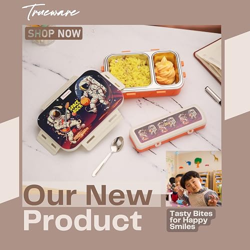 Image of Trueware Pluto Lunch Box 2 Compartment Leak-Proof BPA Free Stainless Steel, Lunch Box for Kids, Lunch Box for School & Office with a Spoon, 580 ML