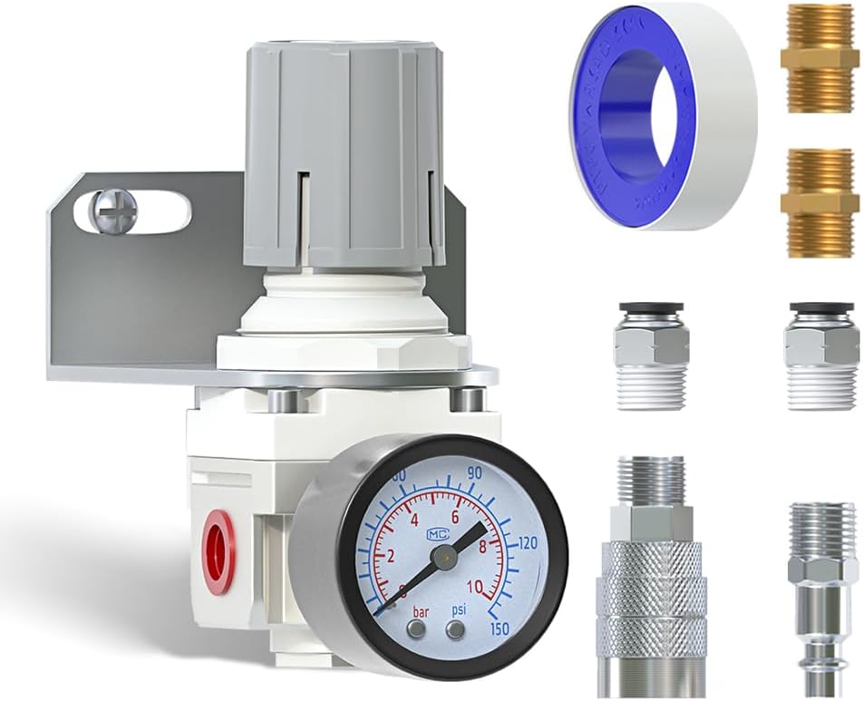 AIRZOE 1/4" NPT Air Pressure Regulator,Compressed Air System,Mini Air Regulator AR2000-02,0-150 PSI Gauge