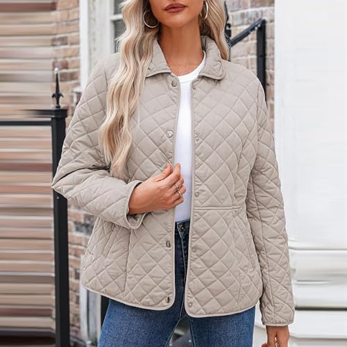 DDAPJ pyju Quilted Jackets for Women Button Down Winter Coats Lapel Long Sleeve Puffer Jacket Casual Padded Coat with Pockets3