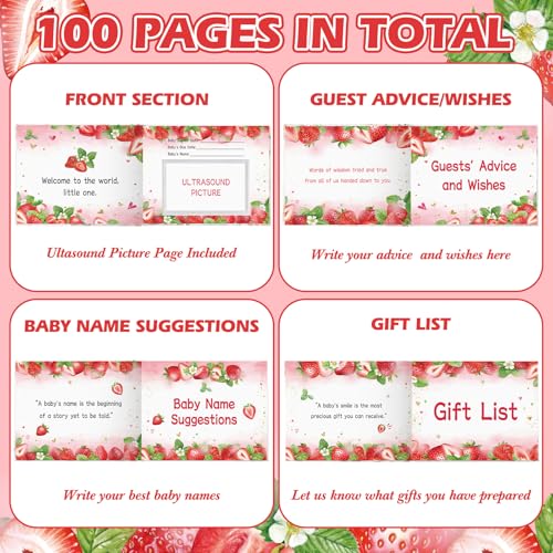 Image of Fuyoooo Strawberry Baby Shower Guest Book Baby Shower Sign in Guest Book Reception with Sonogram Page Keepsake Includes Gold Pen Table Card and Adhesive Photo Corner for Birthday