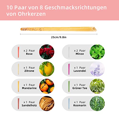 20 Stück Ohrenkerzen/Ohrenkerzen aus Natürlichem Bienenwachs, Ohrreiniger Ohrenschmalzentfernung, Hohle Kegelkerzen mit 10 Schutzscheiben und Wattestäbchen, 8 Verschiedene Aromatische Gerüche