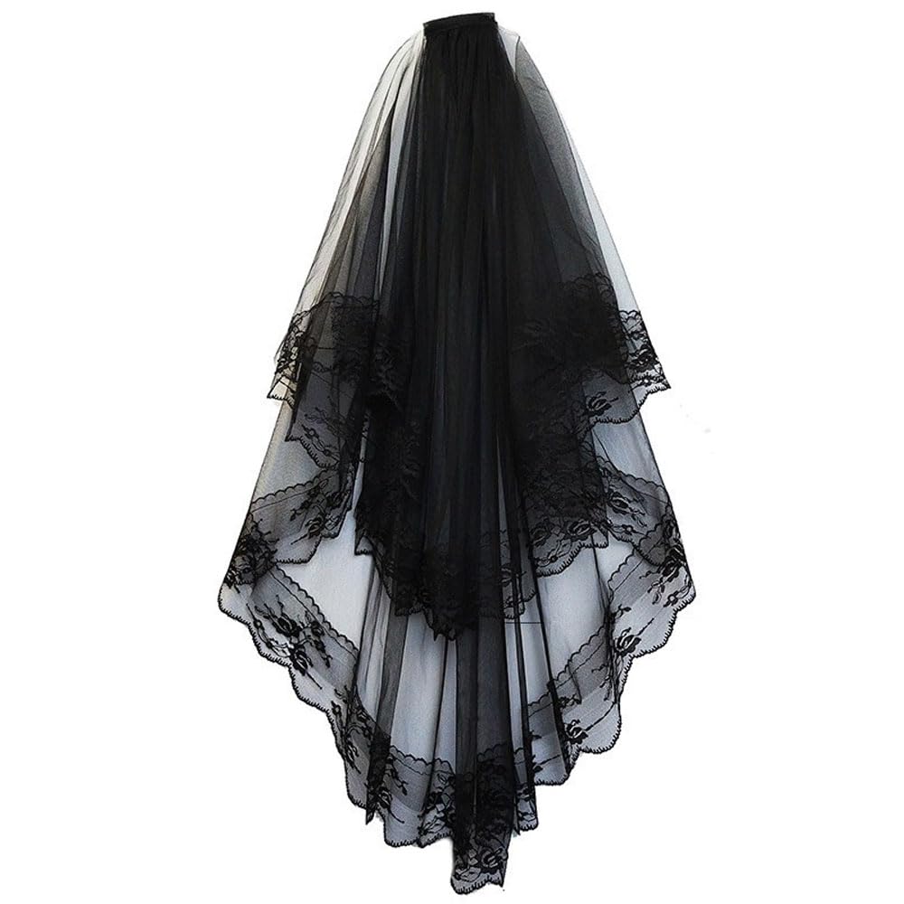 SUNHUITOY Velo de novia, velo de novia, velo de Halloween, velo de encaje, bruja, cosplay con peine para despedida de soltera JGA, accesorios de boda, velo