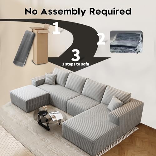 Image of 135.4 inch Cloud Modular Sectional Couch with 1 Ottoman,Modern Minimalist Upholstered Couches, Comfort U Shaped Sofa for Living Room,Deep Seat Corner Couch,No Assembly Required (Grey,Right Facing Chaise)