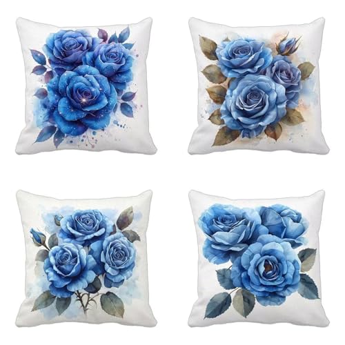 クッションカバー 青 クッションカバー 70x70 4枚組, 柔 Cushion Cover 花 Cushion Cover おしゃれ 洗濯機丸洗い 隠れるファスナー ソファ用 家庭装飾 洋室 車用 装飾枕 雰囲気 部屋飾りギフト -yxy25047I