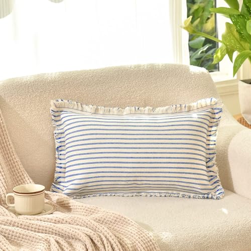 Image of ZWJD Throw Pillow Covers 12x20 Set of 2 Striped Pillow Covers with Fringe Chic Cotton Decorative Pillows Square Cushion Covers for Sofa Couch Bed Living Room Farmhouse Decor, (Blue)