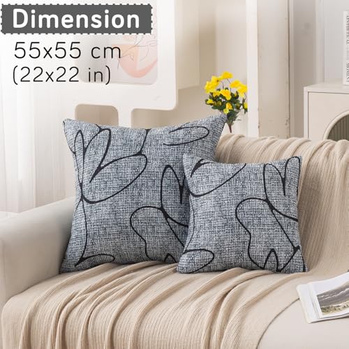 Image of HOKIPO 'Elira Series' Printed Quilted Cushion Cover for Sofa 22x22 Inches, Set of 2, Intense Grey Abstract Floral (AR-6232-C2*2)