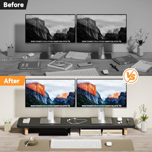 Image of Dual Monitor Stand Riser, 39 Inch Extra Long Wooden Desktop Monitor Riser with Storage for 2 Monitors Ultra Strong Desk Shelf Organizer Riser Ergonomic for 2 Screens /Laptop /PC /TV /Printer (Black