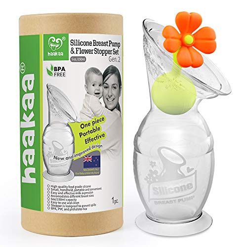 haakaa Silicone Manual Breast Pump with Suction Base and Flower Stopper 100% Food Grade Silicone BPA PVC and Phthalate Free (5oz/150ml) (Orange)