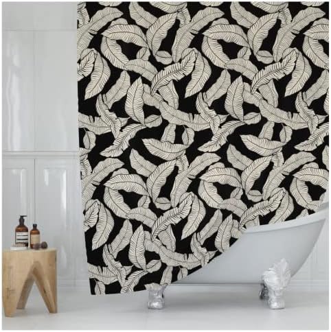 Worthwhile Goods Black and Cream Banana Leaf Print Shower Curtain - Tropical Botanical Pattern - Neutral Design - Modern Minimalist Fabric Shower Curtain for Any Bathroom - 72x72 Inches (B&W Leaves)