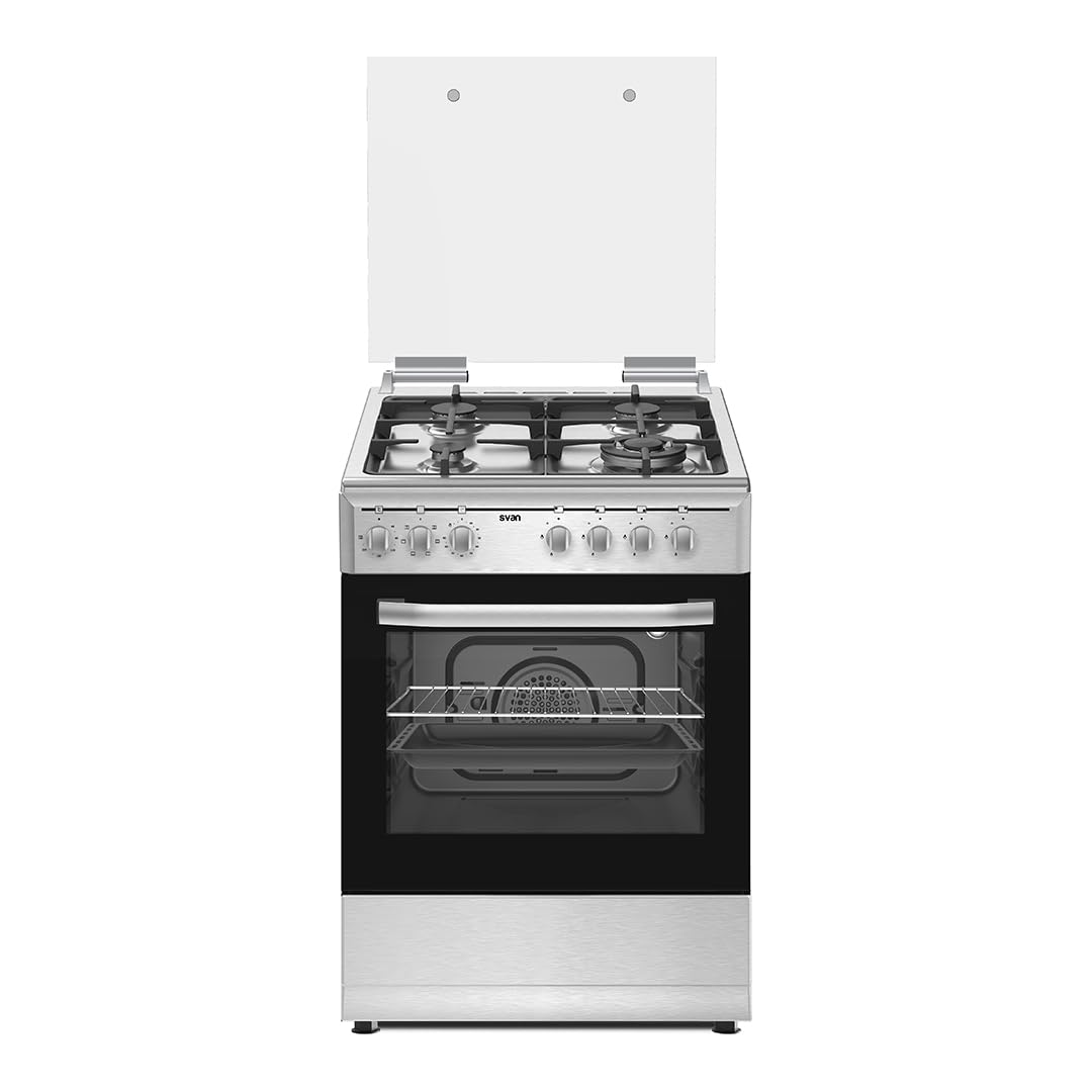Svan Cocina Mixta gas Butano 4 Zonas Inox SKMW4600X. Quemador WOK triple llama, Kit Conversión Gas Natural, Acabado en Inox