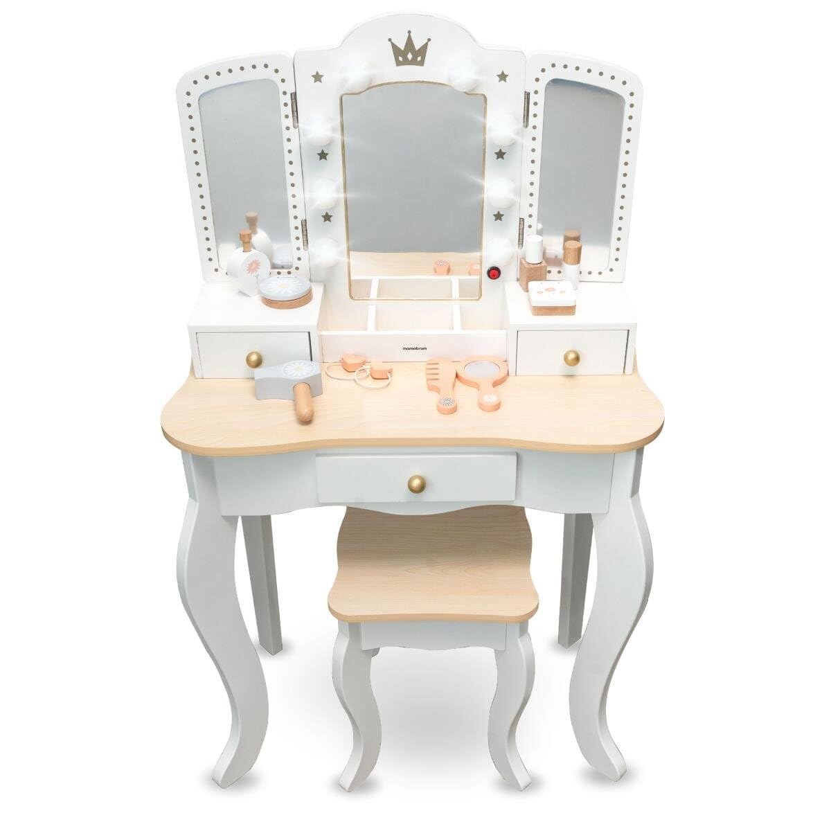 Mamabrum Coiffeuse en Bois pour Enfants 3+, XXL avec Tabouret et éclairage LED, Miroir à 3 Ailes, Grand tiroir, Accessoires, Maquillage de rôle, Structure Solide, Transformable en Bureau