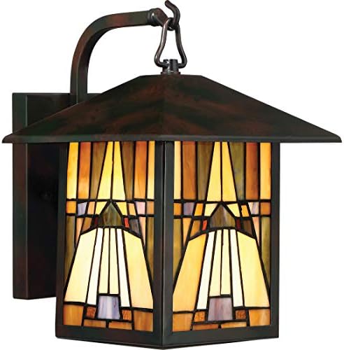 Quoizel TFIK8409VA Inglenook Exterior Lighting Tiffany Style Classic Geometric Handcrafted Orange Yellow Brown Art Glass Outdoor Wall Lantern, 1-Light 100 Watt, 12" H x 9" W, Valiant Bronze