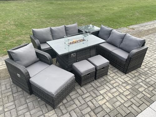 FMSGarden 10 Seater Wicker Rattan Garden Furniture Set Gas Fire Pit...