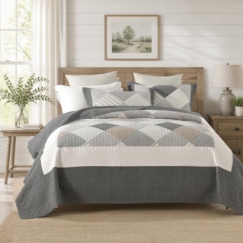 Quilta Patchwork 100% Cotton Farmhouse Quilt Queen Size - Soft Rustic Comforter Set with Patchwork Plaid Pattern, Lightweight Home Decor Bedspread Bedding Set 3pcs for All Seasons, Gray/Begie