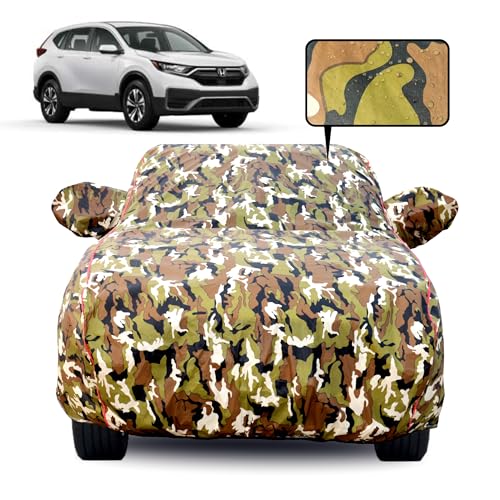 Image of Waterproof Car Body Cover for Honda CR-V (2012-2016) with Mirror Pocket, Soft Cotton Lining, Triple Stitched, Full Bottom Elastic (Heat Resistant Jungle Print with Red Piping)