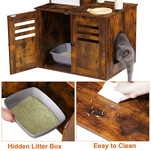 Heybly Cat Tree, Wood Litter Box Enclosure With Food Station, All-In-One Indoor Cat Furniture With Large Platform And Condo, Modern Style Cat Tower, Hammock, Rustic Brown Hct100Sr #TOP3