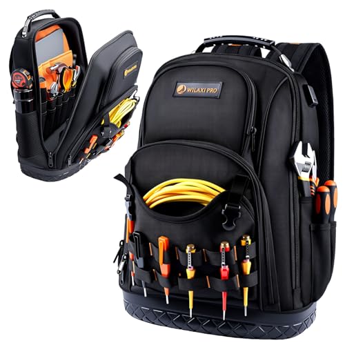 WILAXI PRO Tool Backpack Heavy Duty, Tool Bag Backpack for Men Waterproof Oxford Fabric with Plastic Base, 19IN Large Capacity with 44 Pockets, Padded Back & Straps for All Worksite Environments