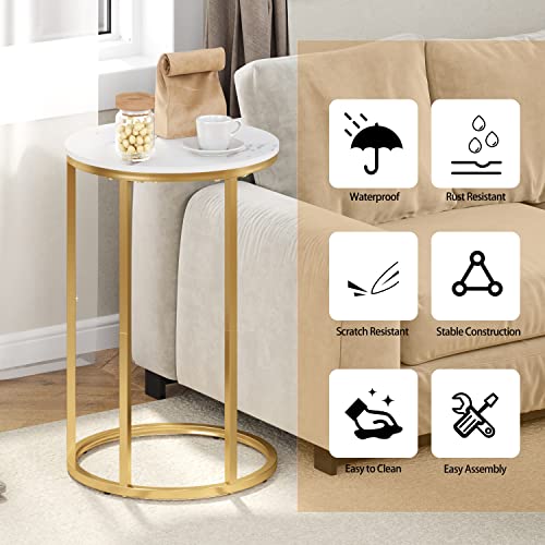 Function Home C Table End Table, C Shaped Sofa Side Table, Couch Tables That Slide Under, Snack Accent Table For Living Room Bedroom Small Space, White Faux Marble Top And Gold Metal Frame #TOP5