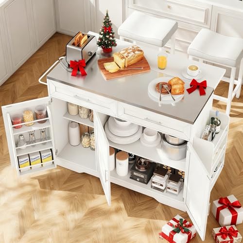 Concho 56” Kitchen Island with Seating and Stainless Steel Countertop, Rolling Kitchen Island on Wheels with Folding Drop Leaf, Power Outlet, Spice/Towel Rack, Island Table Cart for Kitchen, White