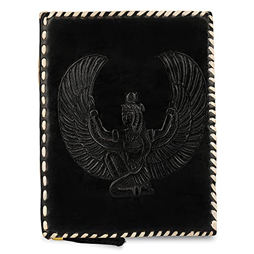 Wellbourne Cuaderno de cuero A5 con relieve de la diosa egipcia Isis Diario de viaje y libro en blanco para escribir y dibujar - Negro (9x7 pulgadas)