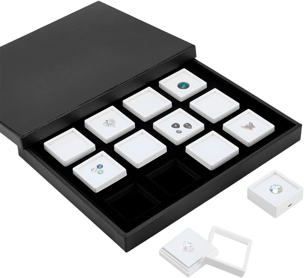 PH PandaHall Gemstone Display Boxes Black Jewelry Box Trays with 12pcs White Square Boxes 2 inch Diamond Display Case Gem Box with Clear Window White Sponge Inserts for Gems Diamond Coin Ring