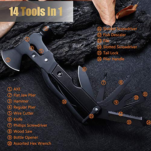 URGENEX Multitool Axe Camping Gear 14 in 1 Stainless Steel Multitool Camping Accessories with Plier Bottle Opener Screwdrivers Gifts for Men