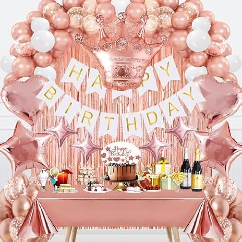 Rose gold Birthday Decorations - Rose gold Party Decorations Set with Birthday Banner, Rose gold Confetti Balloons, Rose gold Foil Fringe Curtains, Rose gold Tablecloth for Girls Women Men Kids Baby Cover