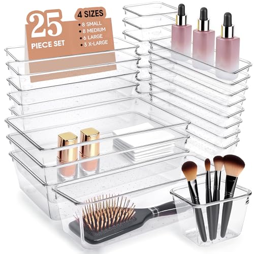Clear Acrylic Drawer Organizers Set Storage for Makeup, Office Desk Small Vanity Trays for Drawer Bathroom Plastic Make up Organizers 25 Pcs