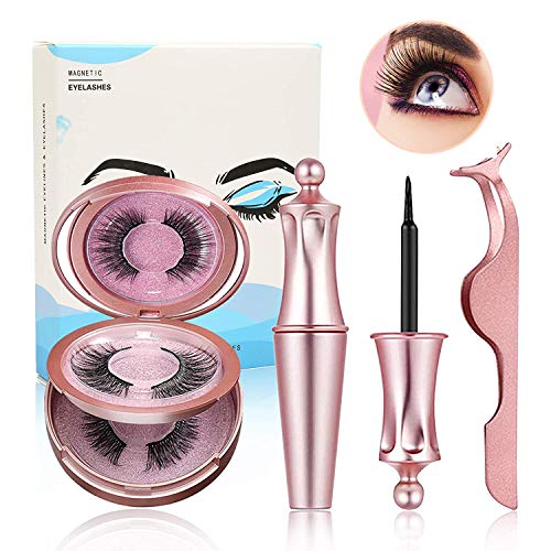 Magnetic Eyelashes with Eyeliner Kit 2 Pairs Magnetic Eyelashes Natural Look Waterproof Reusable False Eyelashes Kit with Eyeliner Mirror and Applicator Tool
