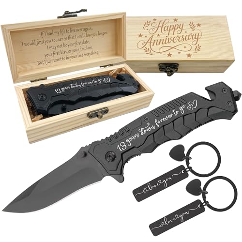Onyqina 13 Years Anniversary Keepsake Him, 13th Lace Anniversary Present for Husband, 13 Years Marriage Men Gift Ideas, Engraved Pocket Knife with Wood Box, Hunting, Camping, Fishing, Folding Knives