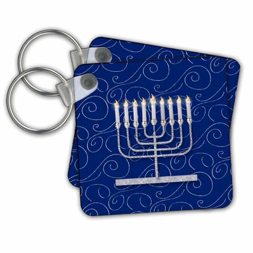 3dRose Key Chains Silver Faux Glitter Menorah Festival of Lights Hanukkah on Blue (kc-264277-2)