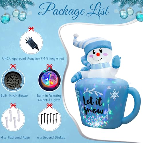 GUDELAK 5 FT Christmas Inflatables Outdoor Decorations, Blue Snowman Inflatable Christmas Decorations in Mug, Blow Up Xmas Decorations for Yard Lawn Garden Indoor Ourdoor - Image 3
