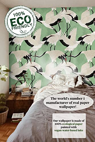 Diy Green/White Japanese Herons Modern Wallpaper. Temporary Removable. Eco Paper. 8 Sheets 39.4X27.5 In(59.2 Sq Ft). Furniture Decoration Renovation. Made In Italy. Not Suitable For All Walls #TOP3