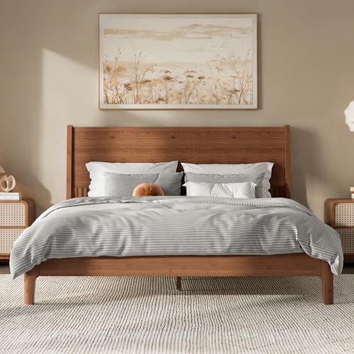 Image of Bellemave Queen Size Bamboo Bed Frame with Headboard,Bamboo Platform Bed Frame Queen Size with Tall Headboard and Wood Slats,Easy Assembly,Warm Brown