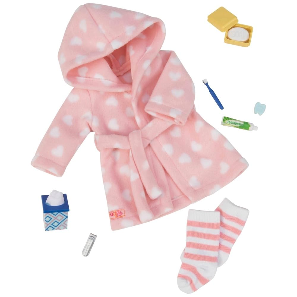 Our G Good Night Sleep Tight Outfit for 18 Inch Dolls, Pink Fleece Bathrobe, Slipper Socks & Bedtime Accessories Set, Doll Pajama Clothing Outfit