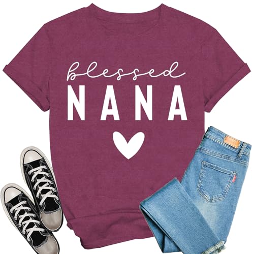 Oxyral Nana Shirt for Women Blessed Nana T-Shirt Grandma Casual Tee Tops DarkRed