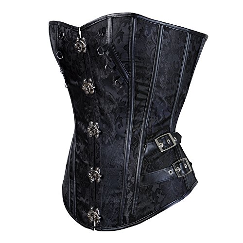 Grebrafan Sexy Steampunk Jacquard Corset Faux Leather Studded Overbust Bustier (UK(10-12) L, Black) steampunk buy now online Grebrafan Sexy Steampunk Jacquard Corset Faux Leather Studded Overbust Bustier (UK(10-12) L, Black) steampunk buy now online